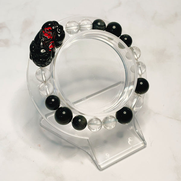 White Quartz with Obsidian Pixiu Bracelet